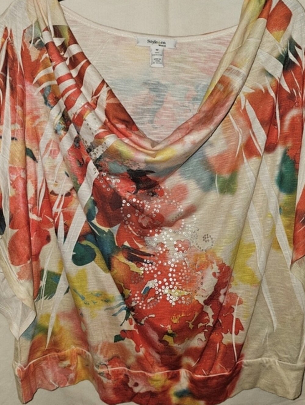 SALE!! Style & Co. Floral Cowl Neck Top in Coral, Cream, Yellow and Green